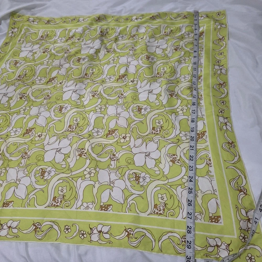 Square Satin Scarf Floral Mushrooms Cottage Fairy Green Hippie Retro